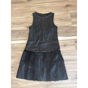 Theory Black Leather and Goat Fur Sleeveless Shift Mini Dress Size 0 B0900611